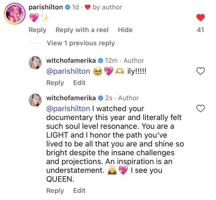 Comment thread with a heart from Paris Hilton