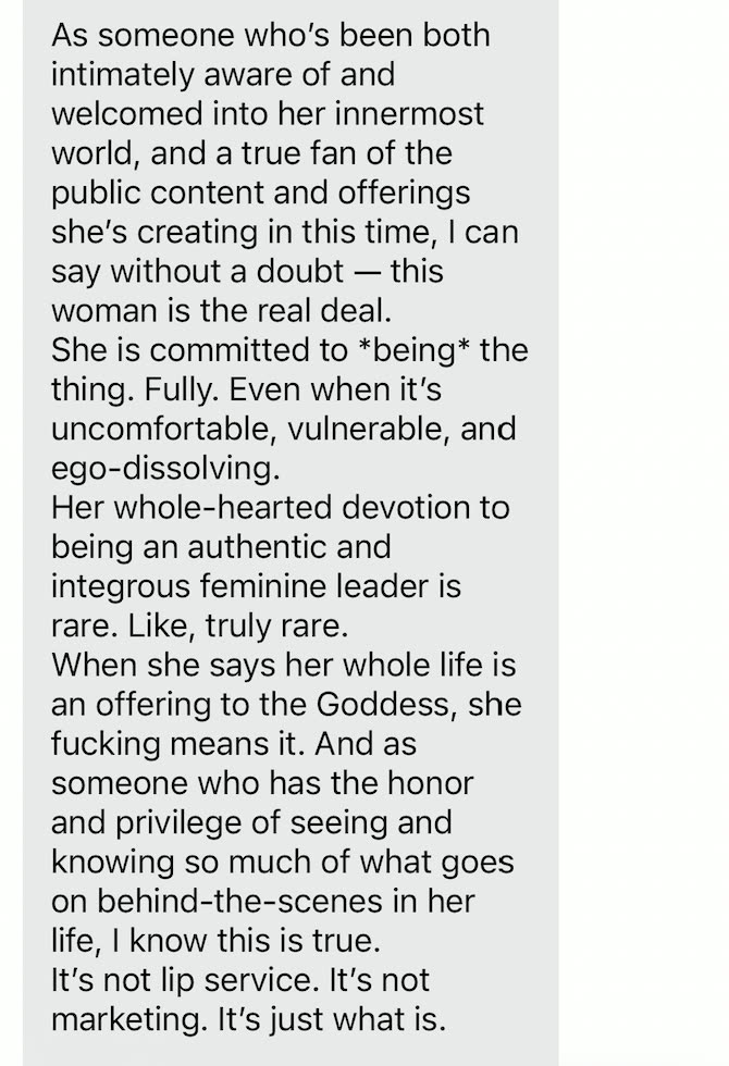 Testimonial saying this woman is the real deal