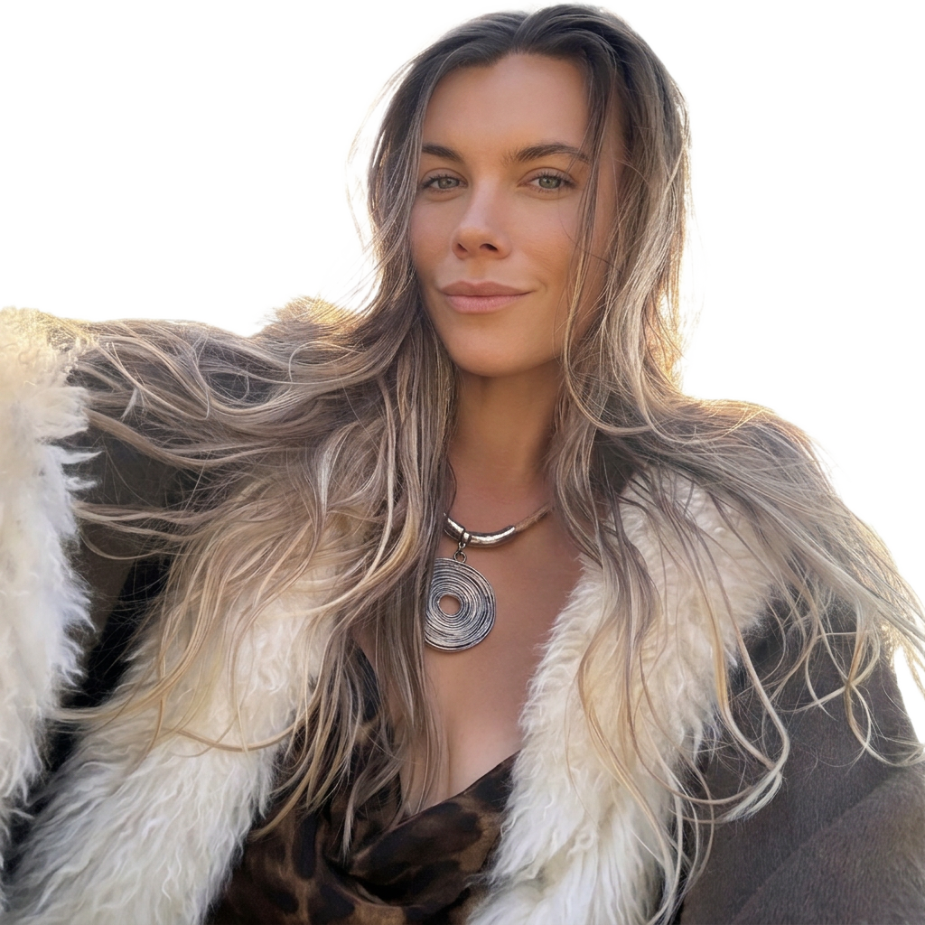 Erika Elizabeth in a fur-collared jacket with a circular pendant