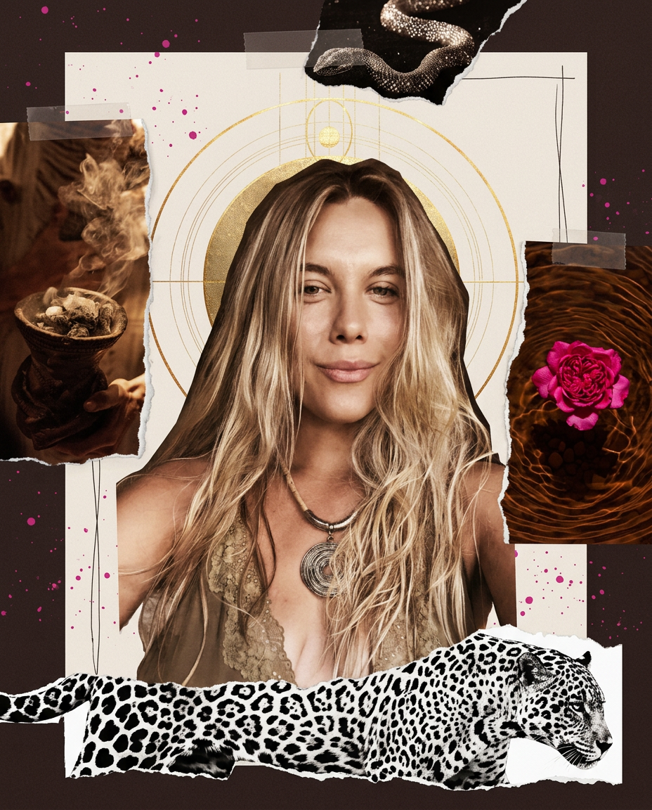 Mood board of veils, roses, candlelight, gold jewelry and a polaroid portrait