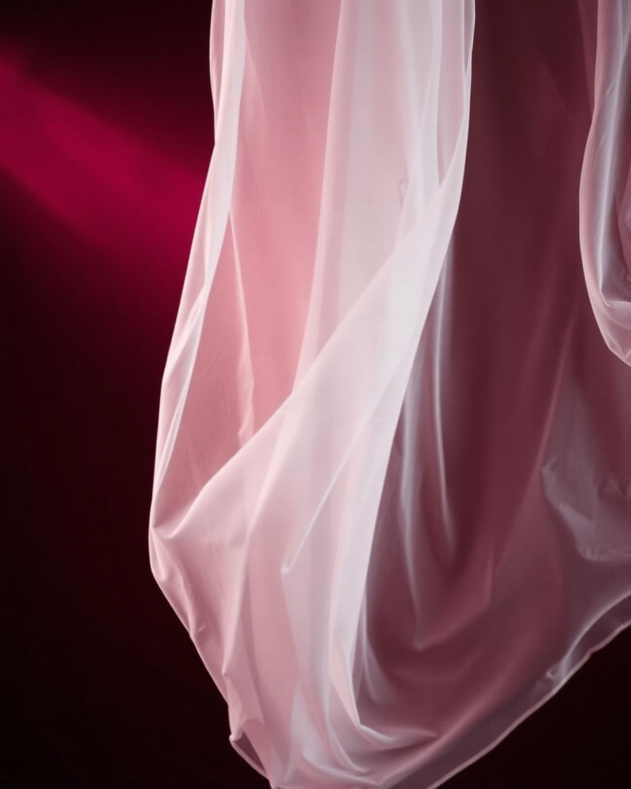 Sheer veil glowing with magenta light against deep brown